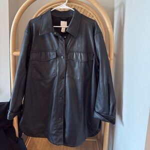 Black Faux Leather Shirt Jacket - Women